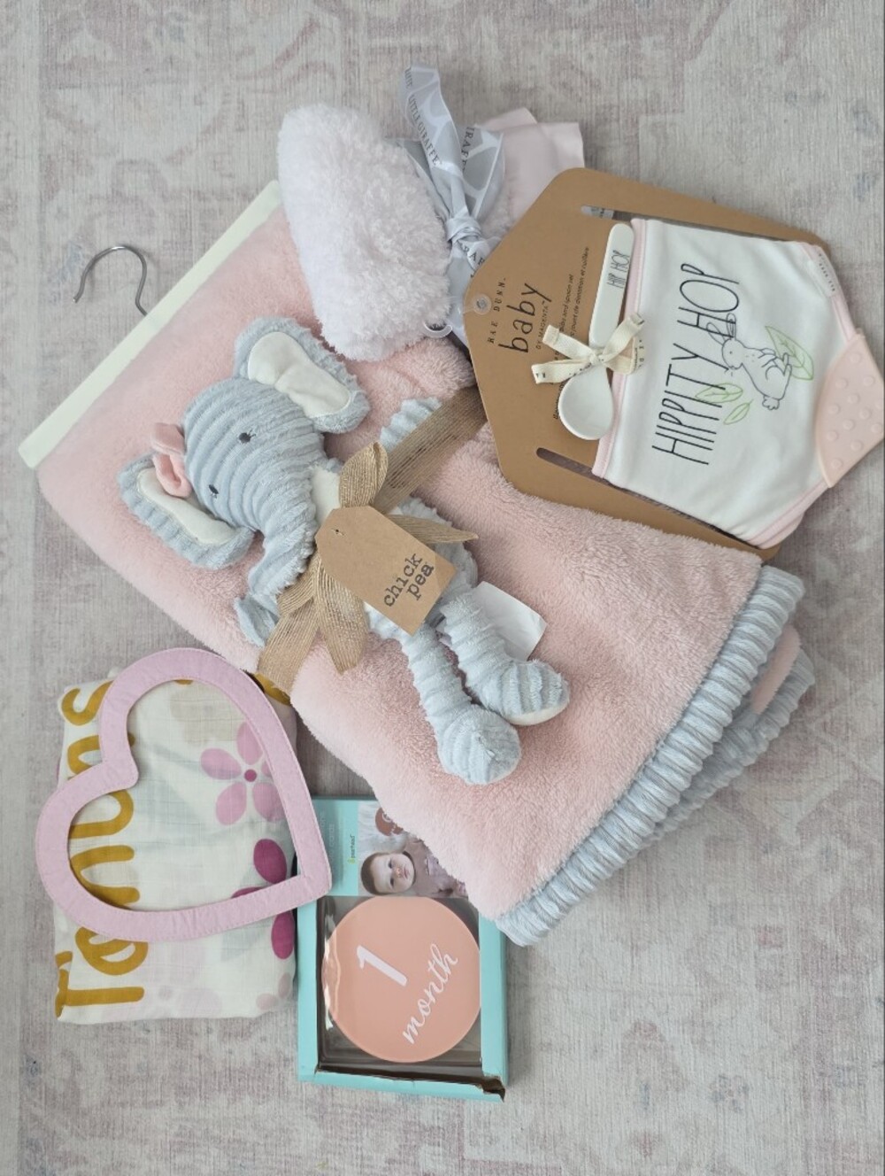 Baby Girl Gift Bundle, Blanket Lovie Rae Dunn Bib Infant Milestone Markers, NWT